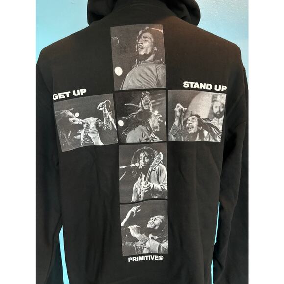 NWT Primitive Skate Bob Marley King Hood Hoodie Get Up Stand Up Cross Pics BLK M - Picture 1 of 7